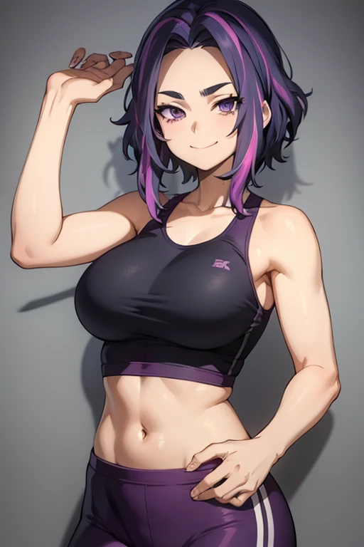 1girl, short hair, purple hair, multicolored hair, purple eyes,.masterpiece, best quality, photorealistic, yujiasuit, yoga sports bra, yoga pants, 1girl, solo, , yoga ball, pants, looking at viewer, smile, green sports bra, simple background, , midriff, long hair, breasts, green pants, sportswear, tank top, upper body