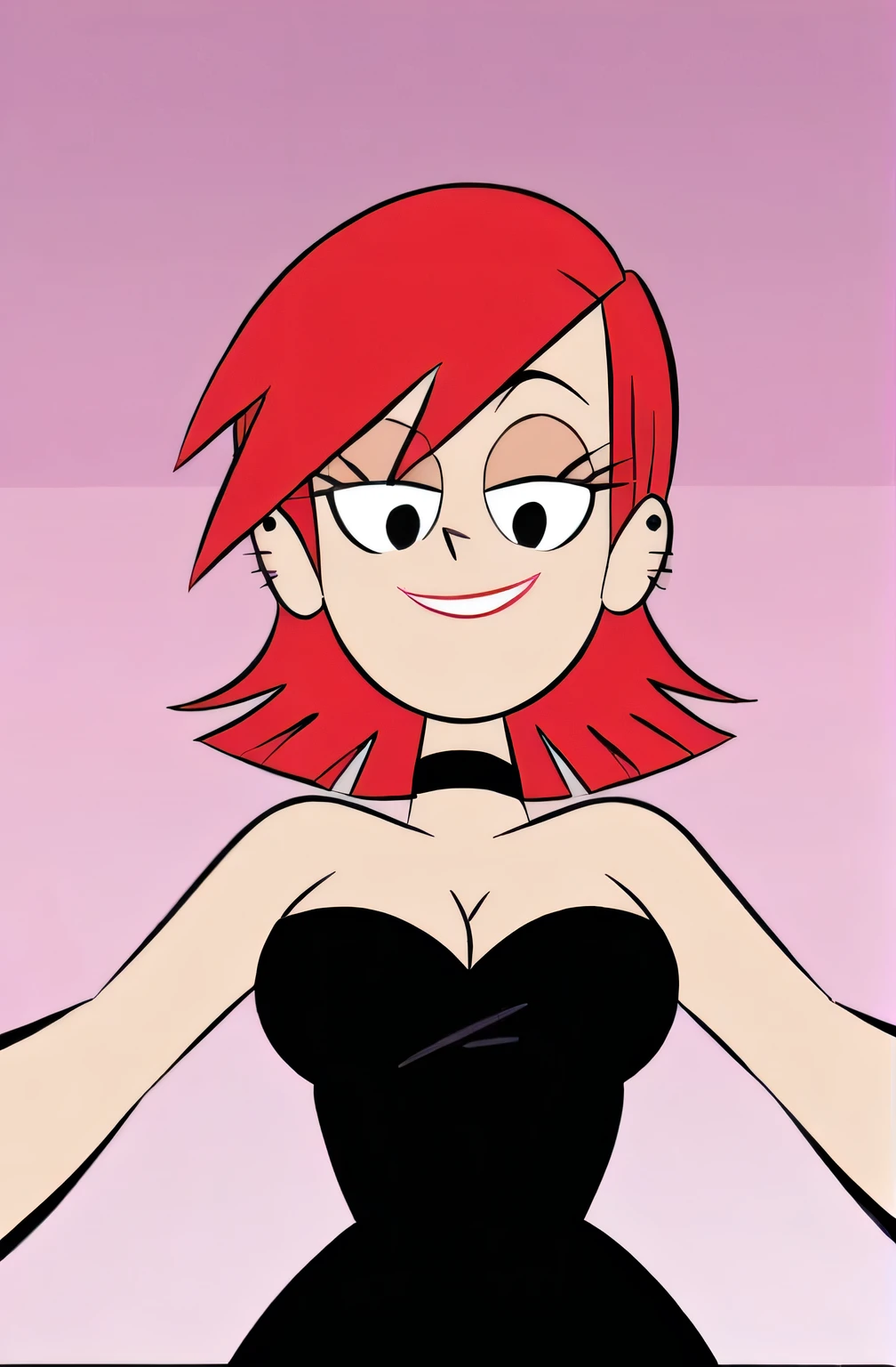 FrankieFoster, red medium hair, red bob hair cut, black eyes, solo, strapless black dress, smug, chocker, beautiful, cleavage, expensive ballroom, looking at viewers, from below, Reached her arms out.