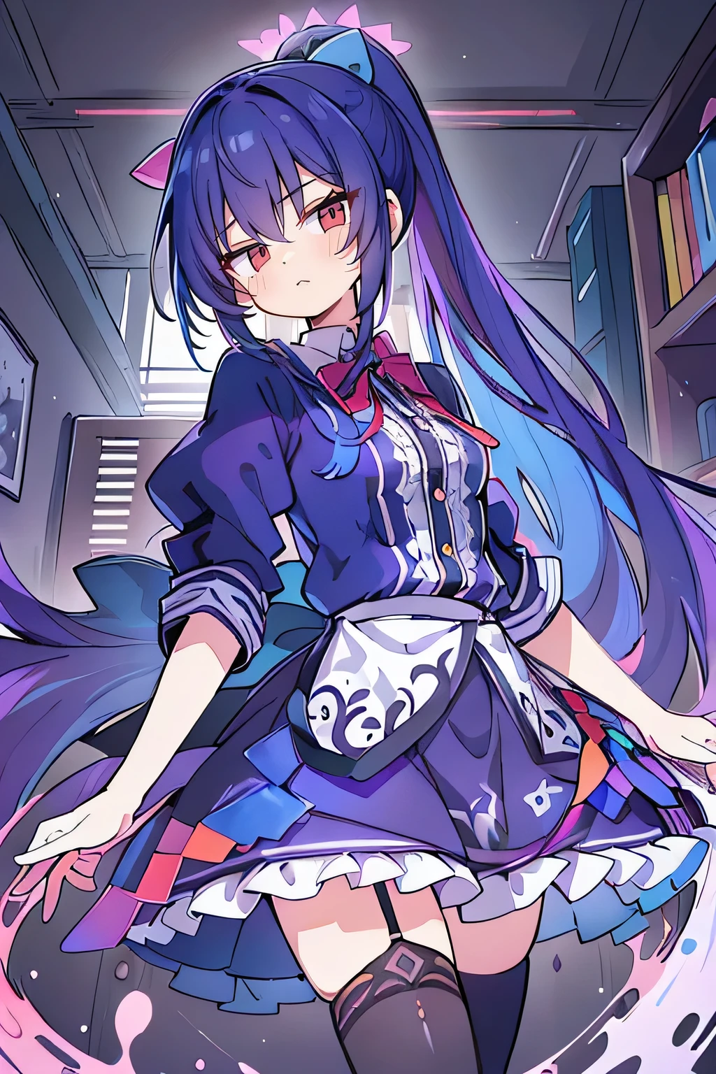 (best quality:1.3), (masterpiece:1.3), (illustration:1.3), (ultra-detailed:1.3), (imid shot:0.9), 1girl, medium breasts, purple eyes, (((dark blue hair))), hair ornaments, young, outfit-gladiia, long hair, dark blue hair, indoors, black shorts, thigh-highs, low ponytail, expressionless, upper body, close up, coat, skirt,