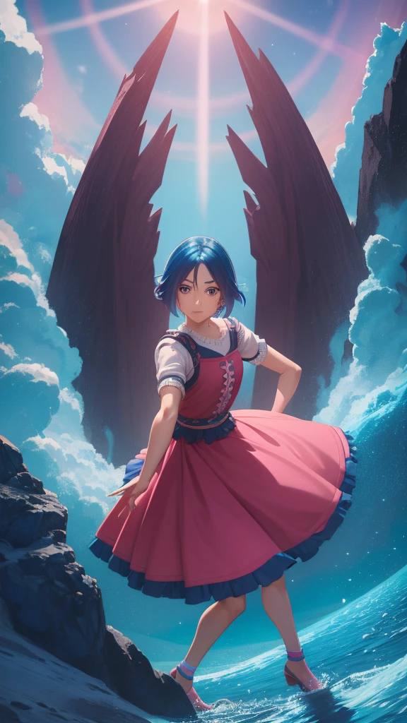 Chica con pelo azul y vestido rosa, embarks on an epic journey into the unknown, finding magical beings and extraordinary creatures that guide her in her search.