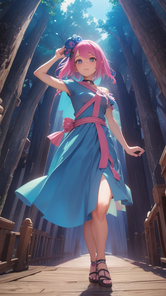 Chica con pelo azul y vestido rosa, embarks on an epic journey into the unknown, finding magical beings and extraordinary creatures that guide her in her search.