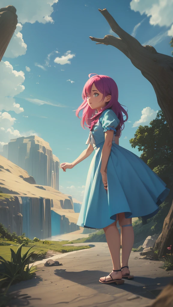 Chica con pelo azul y vestido rosa, embarks on an epic journey into the unknown, finding magical beings and extraordinary creatures that guide her in her search.