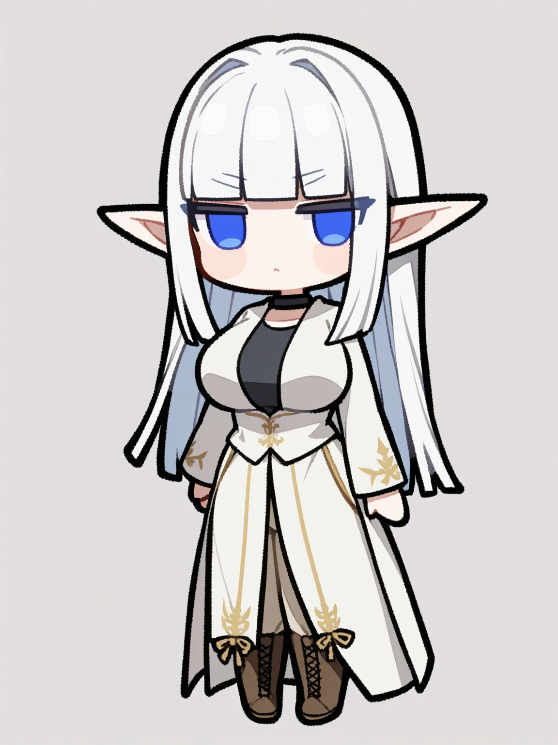 {{{kame (kamepan44231), no humans, chibi, jitome, fumo (doll)}}}, full body, 1 woman, solo, mature female, elf elegant, princess, pointy ears, blue eyes, long hair, straight hair, white hair, blunt bangs, large breasts, determined, white tunic, black collar, black undershirt, beige trousers, leather boots, simple background, blank background, medieval fantasy.