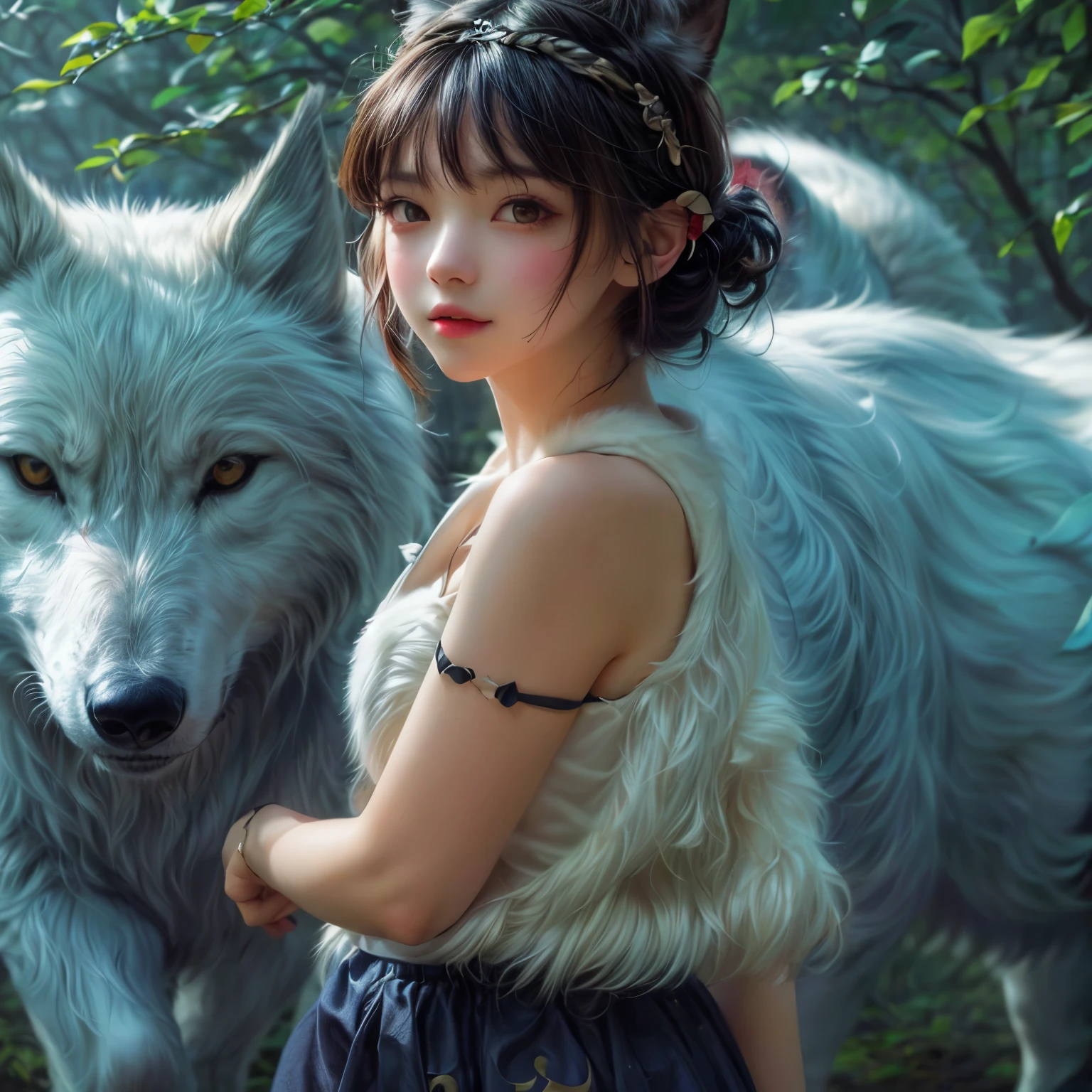 Painting of a woman with a wolf on her shoulder, princess Monster inspired, studio ghibly style Monster, Portraiture!!! Monster-hime style, princess Monster, Monster, Gweiz-style artwork, princess Monster color scheme, Studio Ghibli. ArtJam, ArtJam and atey ghailan