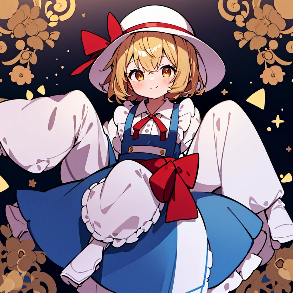 masterpiece, best quality, 1 girl, , , , white hat, red ribbon, middle blonde hair, golden eyes, short puffy sleeves, white clothes, white apron, blue skirt, blue ruffles, collarbone, gentle smile, Kana Anaberal, Poltergeist, pinafore, sit down and open legs