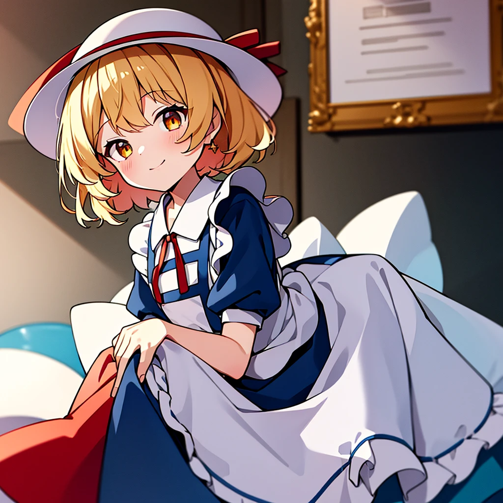 masterpiece, best quality, 1 girl, , , , white hat, red ribbon, middle blonde hair, golden eyes, short puffy sleeves, white clothes, white apron, blue skirt, blue ruffles, collarbone, gentle smile, Kana Anaberal, Poltergeist, pinafore, sit down and open legs