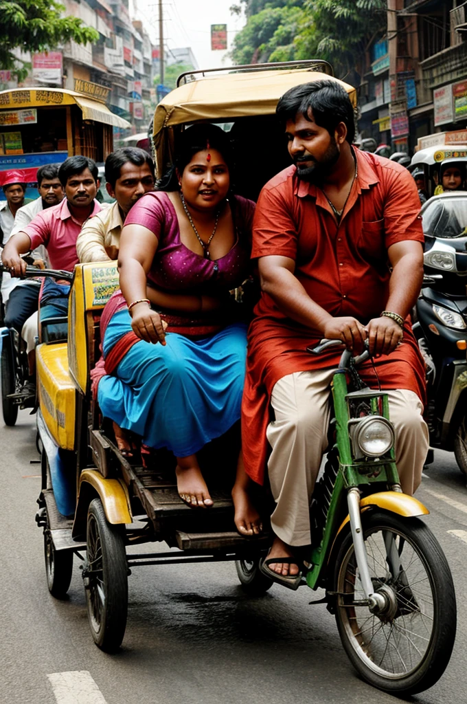indian This rickshaw puller takes a fat woman on a rickshaw while people on the road watch.