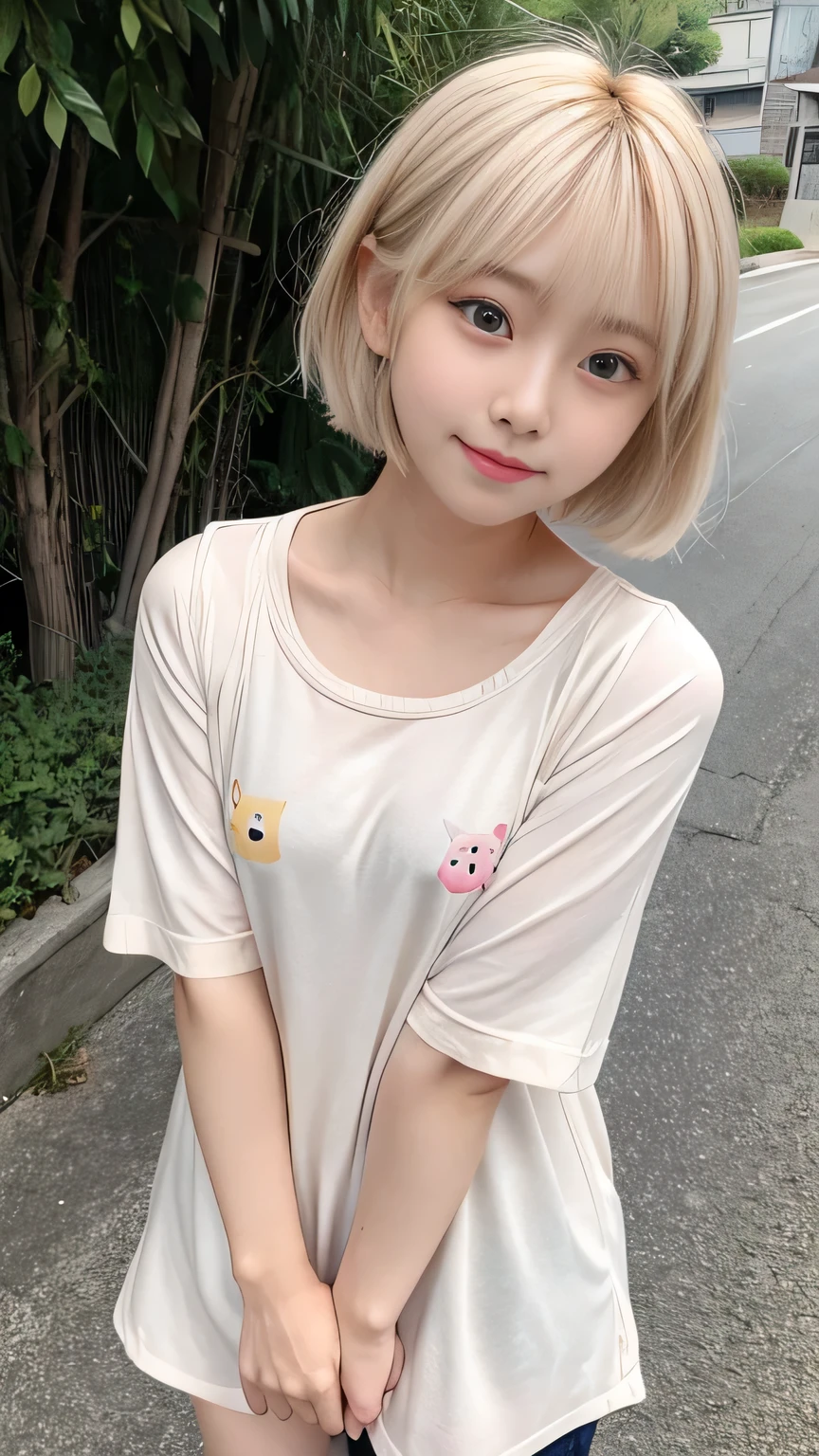 blush, Sunburn marks on tanned skin、blush、Bright blonde short hair,A cute 16-year-old girl with a cute look, A strong wind blows my hair in front of my face、Beautiful big sparkling eyes, Cute eyes hidden by long bangs、Yawn、No visible nasolabial folds、A short, light-colored ummer shirts with cute designs and colorful designs、Korean Beauty、