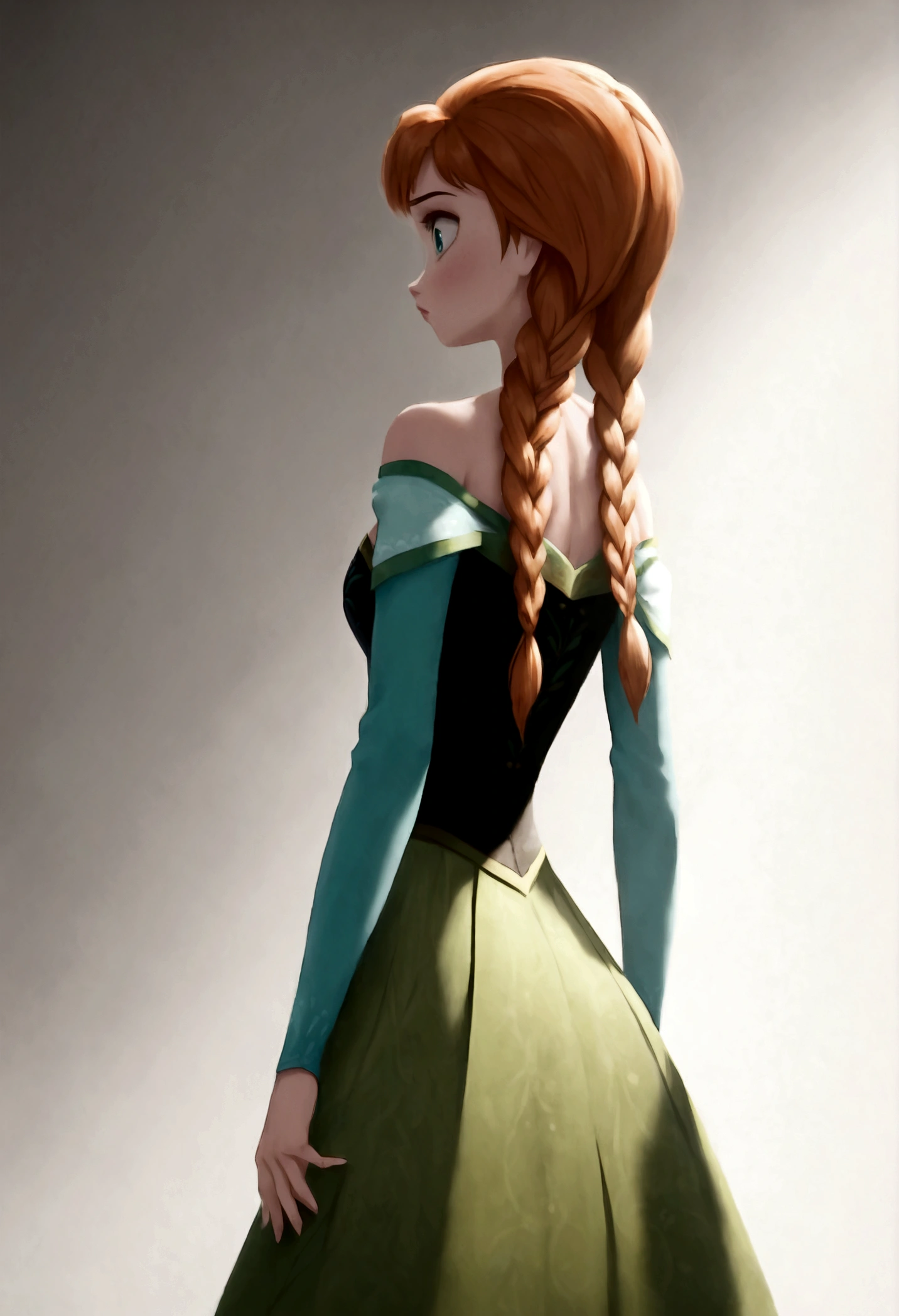 1girl, Anna \(frozen\), Anna of arendelle, off-the-shoulder black bodice and long green skirt, solo, twin braids, braid, orange hair, upper body, long hair, worm light, solo, disney, (Back View, from behind:1.4), looking back over shoulder, anime screenshot, source_anime, dramatic composition, cinematic dynamic action scene, vibrant colors, cinematic lighting, dramatic lighting, best quality, masterpiece, very aesthetic, perfect composition, intricate details, ultra-detailed