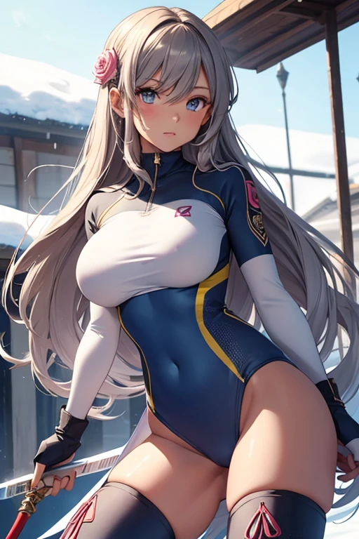 High very detailed Quality image
1girl, 28 years old girl, dark tan skin, blue grey eyes, agresive, focused face, brave demeanor, absolute feminine beauty, long dark brown hair, pink flower at left side of the hair, thin pale mouth lips, big breast, beautiful arms, red gloves, beautiful legs, yellow very long boots, green training suit, holding a silver long battle spear, training at the snowy park, sun rising in the pale blue sky, looking upright, sweating during combat training