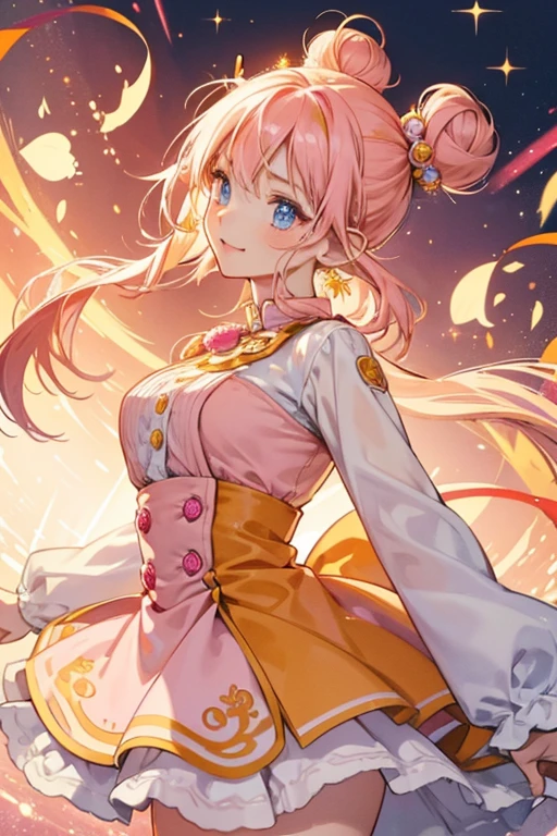 Tehetchi has cream skin and round ears or hair buns with swirls on them. She has two orange beads on the left and two pink beads on the right. She wears a pink dress with two yellow buttons on the front, and a white undershirt. SPARKLE; GLITTER