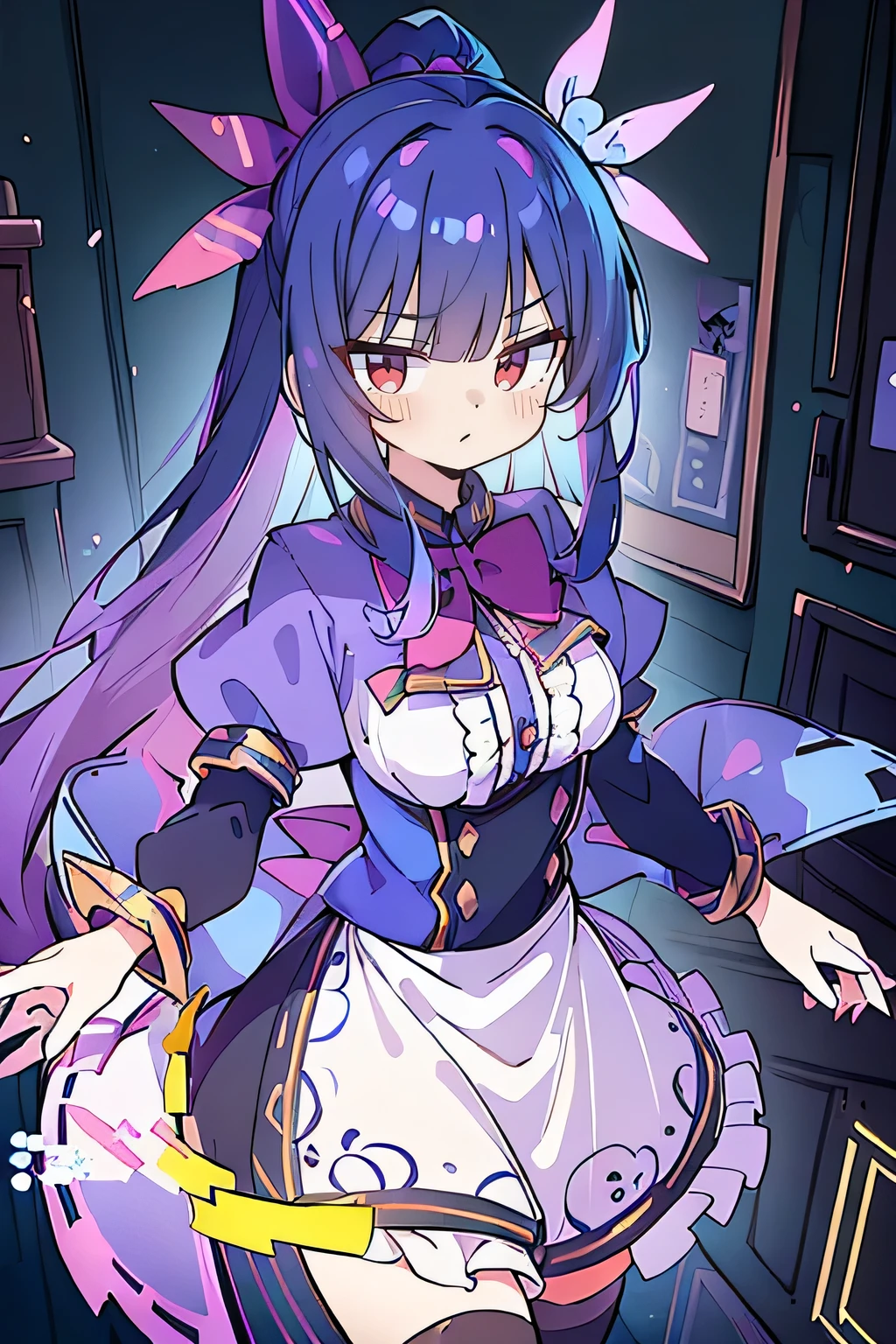 (best quality:1.3), (masterpiece:1.3), (illustration:1.3), (ultra-detailed:1.3), (imid shot:0.9), 1girl, medium breasts, purple eyes, (((dark blue hair))), hair ornaments, young, outfit-gladiia, long hair, dark blue hair, indoors, black shorts, thigh-highs, low ponytail, expressionless, upper body, close up, coat, skirt,