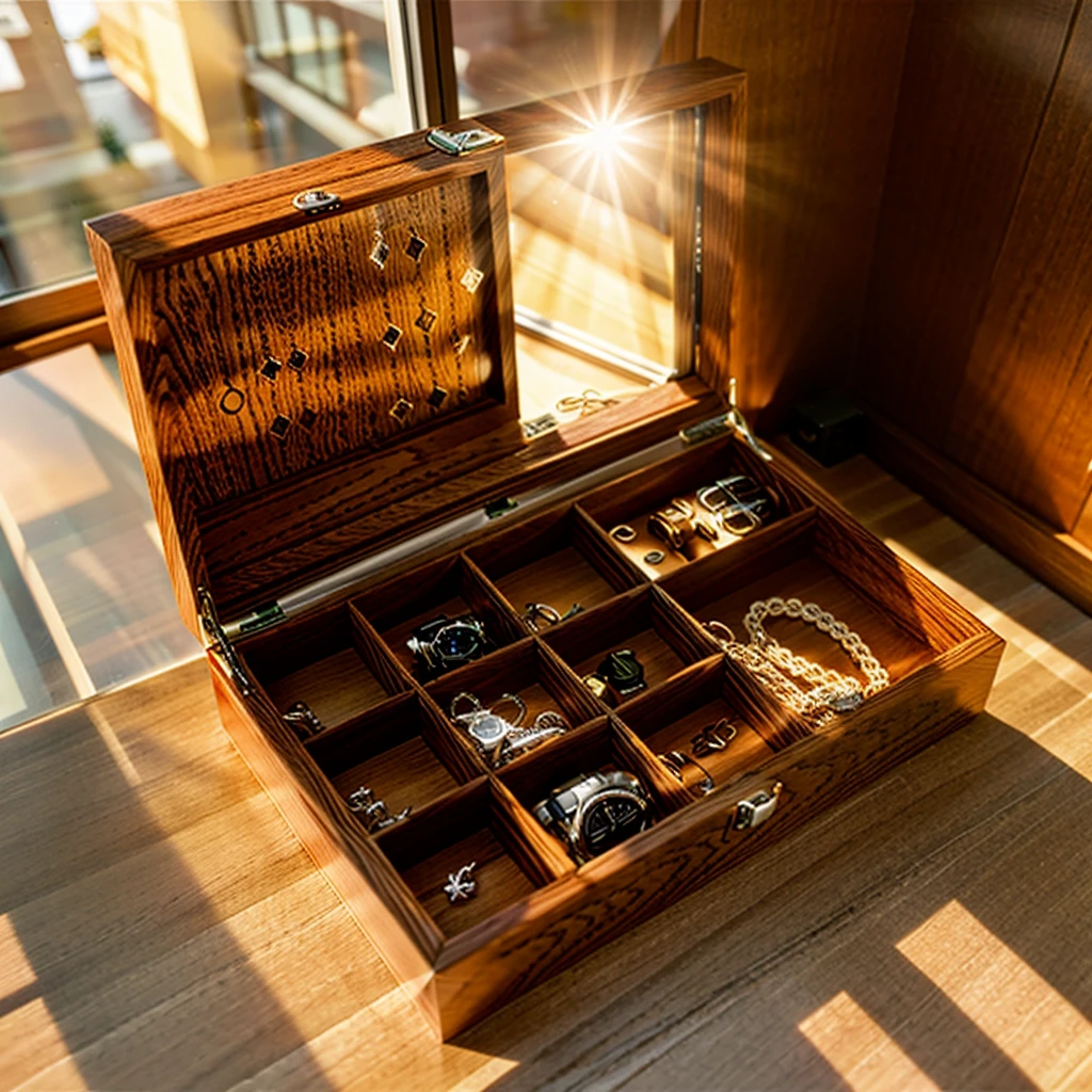 In this cozy room,A ray of sunlight shone through the half-drawn curtains on the table,Let the wood grain on the watch storage box shine with a faint luster。There was a calm and peaceful atmosphere in the air around them。There are several still lifes hanging on the walls of the room,It adds a touch of elegance to the space。And on the other side of the room,The half-open window lets in the breeze,The pages on the small desk by the window turned in the wind,This quiet scene gives a sense of tranquility and comfort。Soft sunlight falls on the box,Make its surface appear faintly shadowed。These shades make the texture of the box richer,More three-dimensional。The shadow of the box contrasts sharply with its surroundings,It also shows the delicacy and texture of the watch storage box。