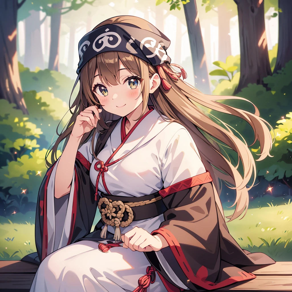 (high quality, High resolution, Fine details), fog, forest, Ainu clothing, bandana, alone, Curvy Women, Light brown hair, Sparkling eyes, (fine grain:1.2), smile, blush, wonderful, Shallow depth of field