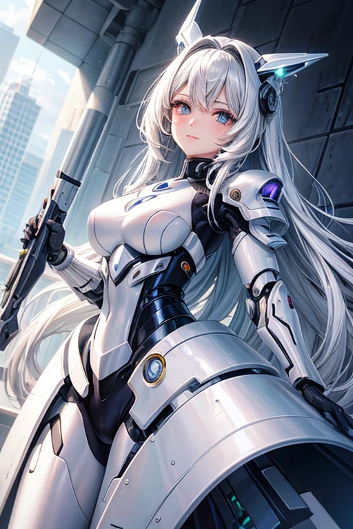 traje futurista、 Eila Ilmatar,sonrisa、(anime illustration style),(ojos morados),pelo largo、pelo blanco plateado、Orejas de zorro、edificio、vistiendo una armadura blanca futurista, A girl with mechanical cybernetic armor., Armadura de porcelana cyborg, Armadura blanca brillante, Cuerpo cyborg femenino, Hermosa y atractiva mujer cyborg, Various Cyber Suits, hermosa mujer cyborg, hermosa chica cyborg, Nieve, Mujer Cyborg Perfecta