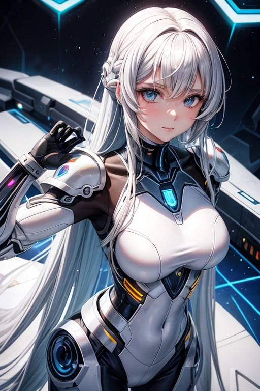 traje futurista、 Eila Ilmatar,sonrisa、(anime illustration style),(ojos morados),pelo largo、pelo blanco plateado、Orejas de zorro、edificio、vistiendo una armadura blanca futurista, A girl with mechanical cybernetic armor., Armadura de porcelana cyborg, Armadura blanca brillante, Cuerpo cyborg femenino, Hermosa y atractiva mujer cyborg, Various Cyber Suits, hermosa mujer cyborg, hermosa chica cyborg, Nieve, Mujer Cyborg Perfecta