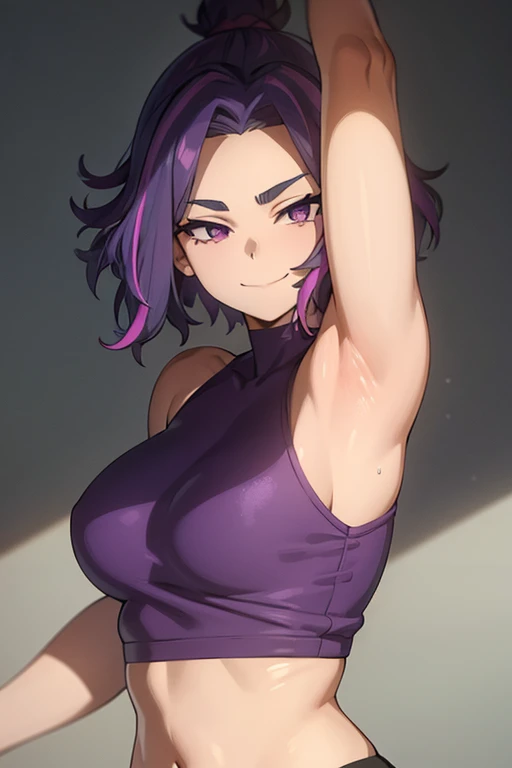 1girl, short hair, purple hair, multicolored hair, purple eyes,.masterpiece, best quality, photorealistic, yujiasuit, yoga sports bra, yoga pants, 1girl, solo, , yoga ball, pants, looking at viewer, smile, green sports bra, simple background, , midriff, long hair, breasts, green pants, sportswear, tank top, upper body, arms up, armpits visible