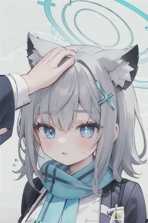 1girl, headpat, flying sweatdrops,
shiroko_bluearchive,beast ears