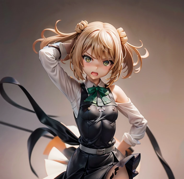 anime figure,simple gray background,torn dress,torn shirt,torn bra, naked breast,{{love live!}},{{masterpiece}}, {highly detailed}, ,(masterpiece, best quality:1.2), upper body, MichishioKC, {{from below}}, angry, shouting, , pinafore dress, green ribbon, looking at viewer, small breast, long sleeve,
