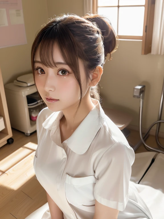 highest quality, Face Focus, Soft Light, Ultra-high resolution, (Realistic:1.4), RAW Photos,
1 Japanese girl, alone, cute, (pupil, Light in your eyes),  Beautiful face in every detail, (High resolution detail of human skin texture),
(ponytail),
In the hospital,
White nurse uniform、(undressing、open clothes)
(Portraiture)、Extremely detailed eye resolution