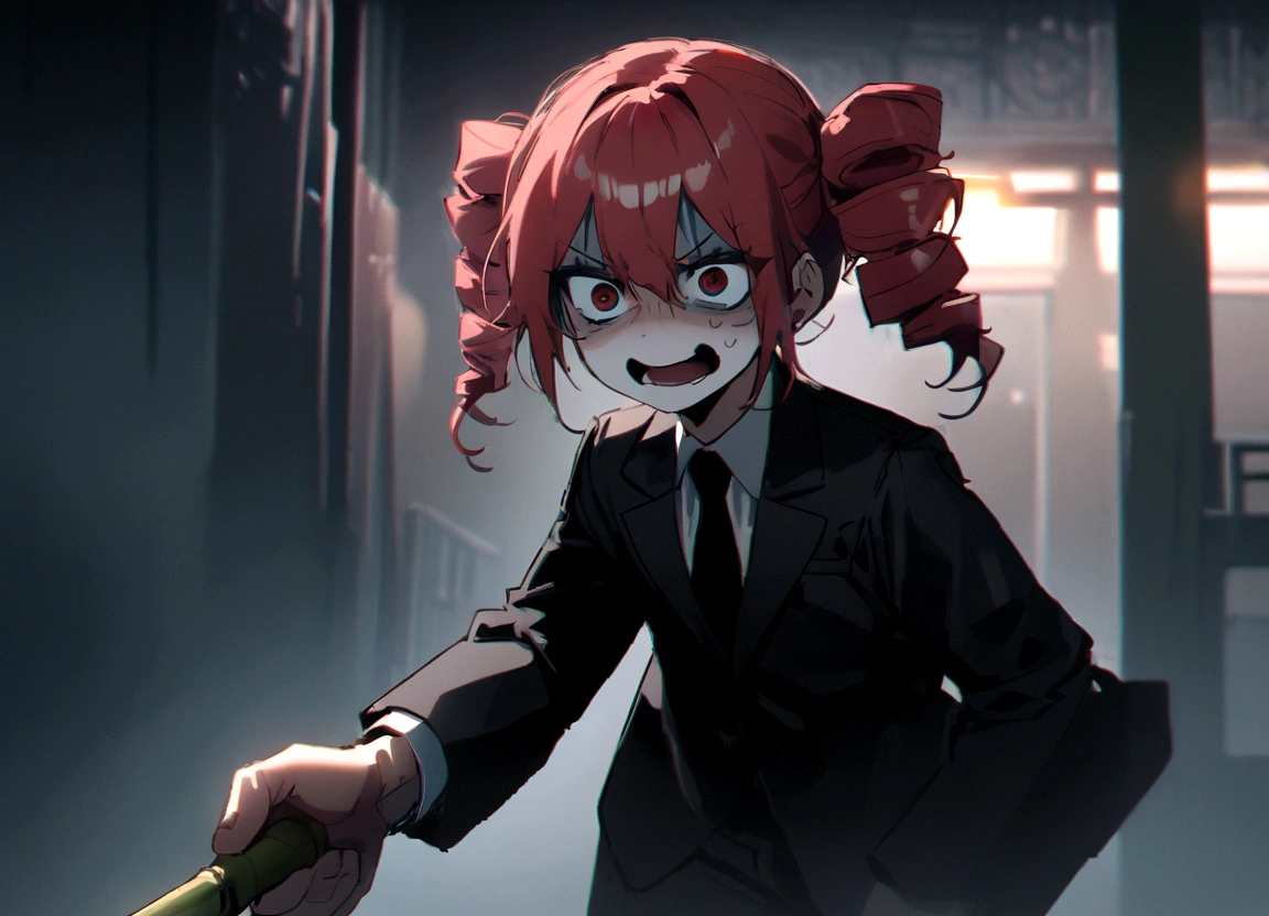 Red hair、Black Suit、Black slacks、Wearing leather shoes、Holding a bamboo sword、Scary face