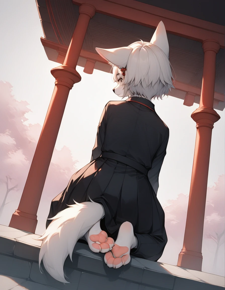 score_9, score_8_up, score_7_up, score_6_up, source_anime, rating_safe, dagasi_style, furry, temple, fox girl, sitting, low view, from behind, soles at spectator, showing soles, grinning, paws, 3 toes, barefoot, paws