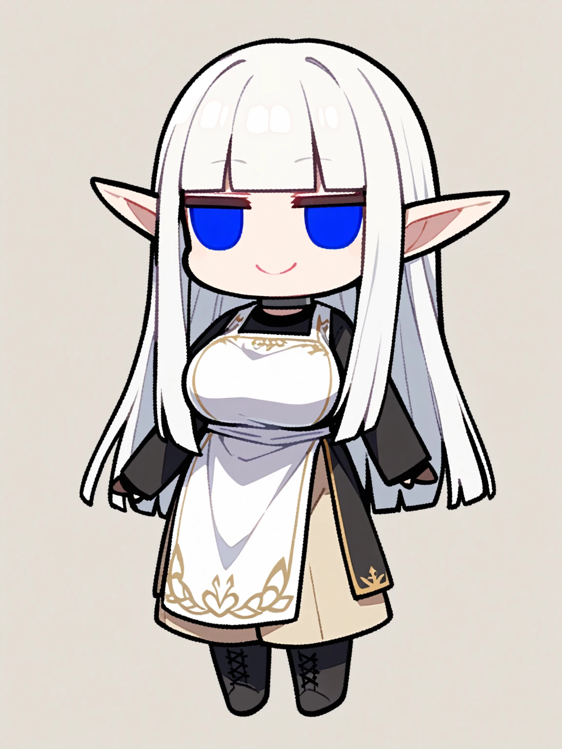 {{{kame (kamepan44231), no humans, chibi, jitome, fumo (doll)}}}, full body, 1 woman, solo, mature female, elf elegant, princess, pointy ears, blue eyes, long hair, straight hair, white hair, blunt bangs, lips, large breasts, happy, white tabard, black collar, black undershirt, beige trousers, leather boots, simple background, blank background, medieval fantasy.