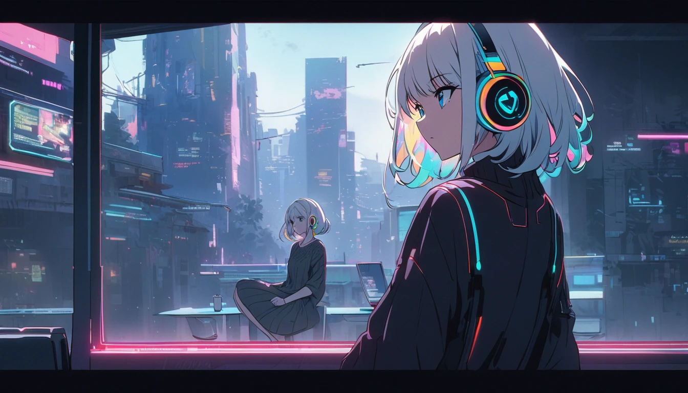 Handsome cute, Solitary, 1 female, Medium Length Hair, white hair, Rainbow hair, blue Eyes, Rainbow headphone, knit dress, Futuristic, Cyberpunk, Cybernetics panoramic, back ground lo-fi world, looking away, cafe time,