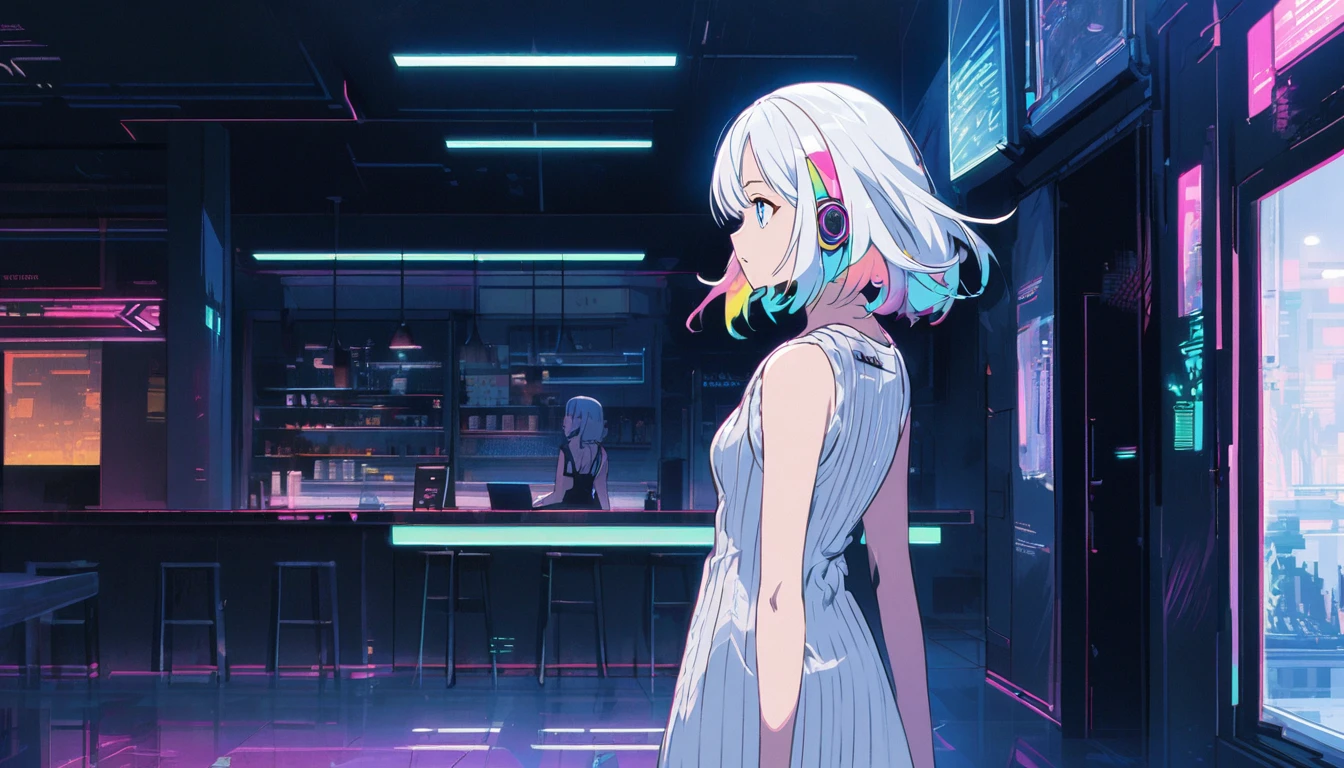 Handsome cute, Solitary, 1 female, Medium Length Hair, white hair, Rainbow hair, blue Eyes, Rainbow headphone, knit dress, Futuristic, Cyberpunk, Cybernetics panoramic, back ground lo-fi world, looking away, cafe time,