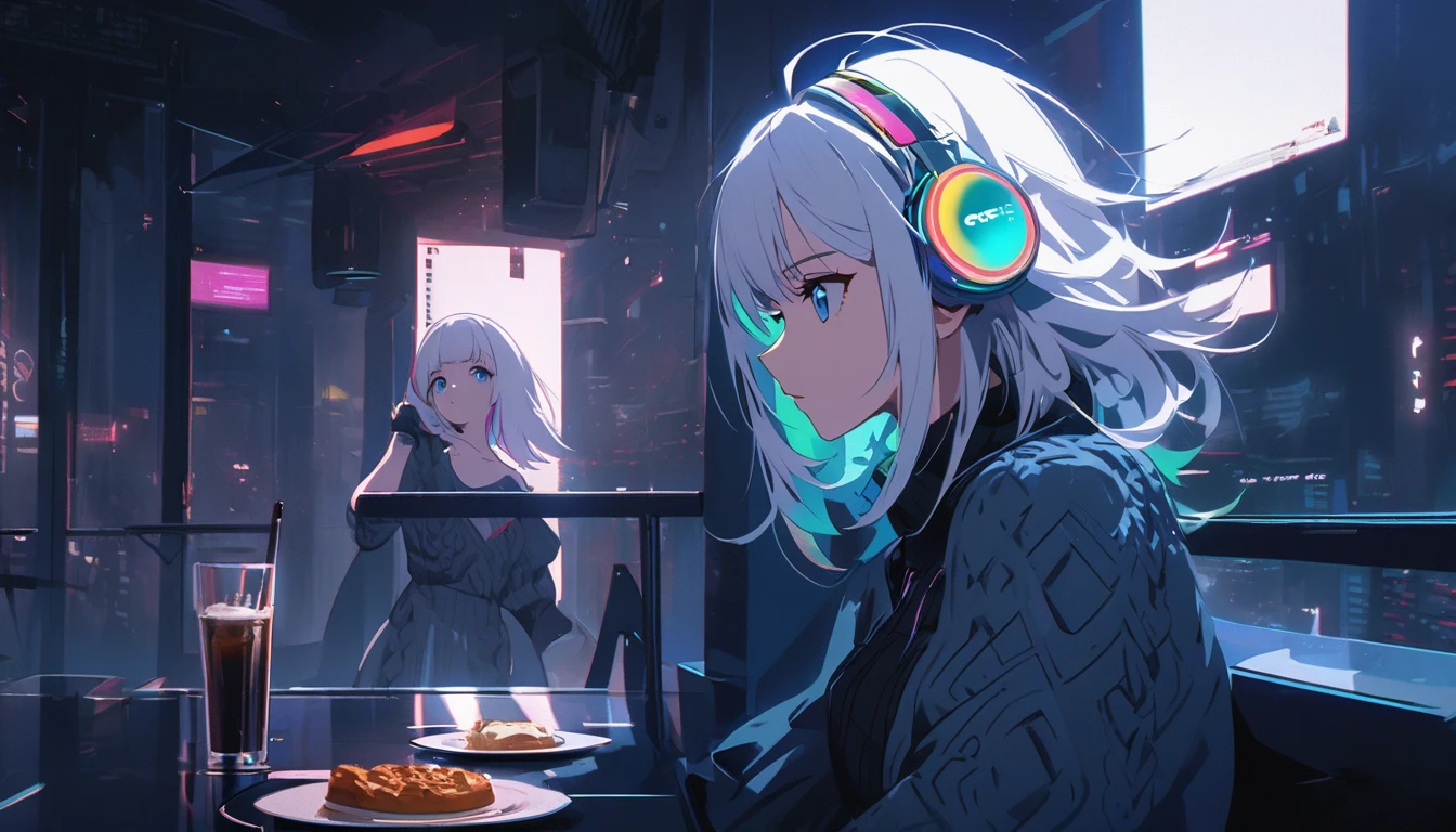 Handsome cute, Solitary, 1 female, Medium Length Hair, white hair, Rainbow hair, blue Eyes, Rainbow headphone, knit dress, Futuristic, Cyberpunk, Cybernetics panoramic, back ground lo-fi world, looking away, cafe time,