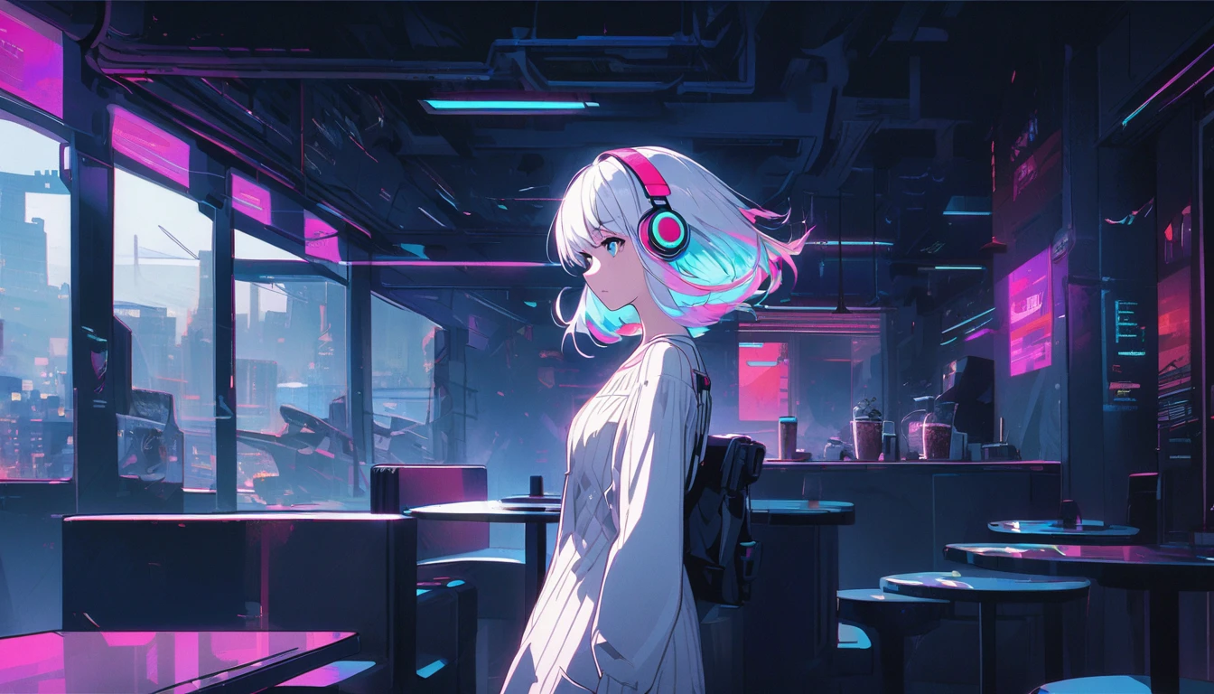 Handsome cute, Solitary, 1 female, Medium Length Hair, white hair, Rainbow hair, blue Eyes, Rainbow headphone, knit dress, Futuristic, Cyberpunk, Cybernetics panoramic, back ground lo-fi world, looking away, cafe time,