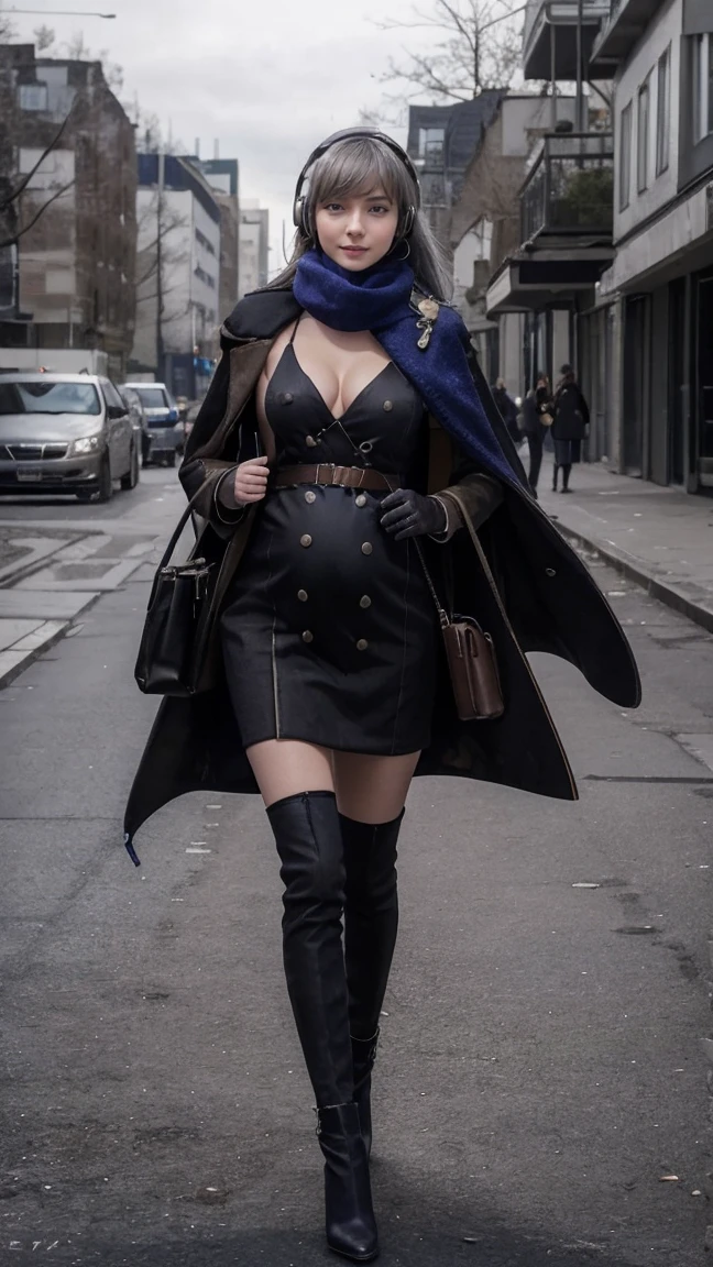 masterpiece, best quality, 1girl, solo, Bkornblume, headphones, solo, blue scarfs, coat, pussy, opened clothing, pregnancy, pregnant, exhibitionism, black dress, black gloves, grey hair, holding gun, black coat dress, long sleeves, gloves, blushing, naked, smile, full body, pouch, german face, boots, walks, tongues out, salivate, nude, NSFW, opened breasts, stasi spy, suburbs background, pantyhose, heels, holsters, buttons, knee, Street, Germany, breasts, blue stocking, nipples, topless, nude, big breasts, pussy, vaginas