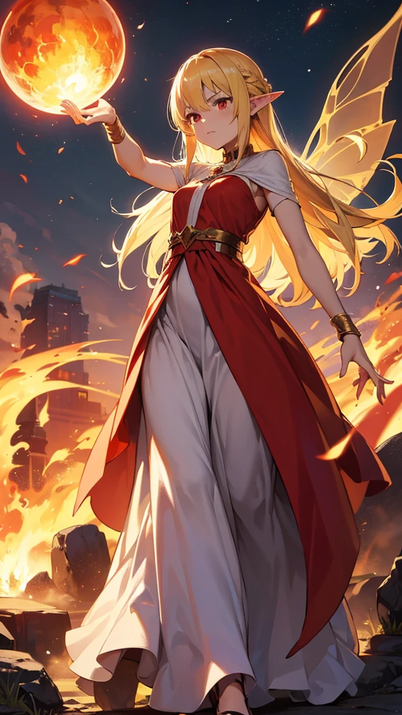 Fairy girl with wings and a fire orb in hand, red ring in finger, Classic Long Dress, Fairy Wings, Red eyes and Blonde Hair, Golden Hair, Serious face, detailed hands, magic, arcane powers, RPG Character, pointy ears, look serious, casting a spell, walking in nature, horizon behind, city, fire, 4k, full hd, detailed image, high quality image