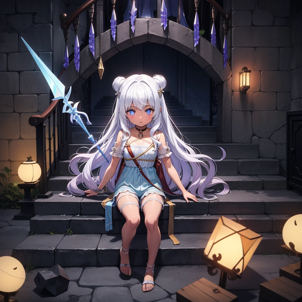 最high quality、high quality、Frugal cloth clothes、10Year-old girl adventurer、Climb the dungeon stairs、Shorts、Equipped with a dagger and a shield、Inside the dim labyrinth、The whole body is covered with a translucent material.