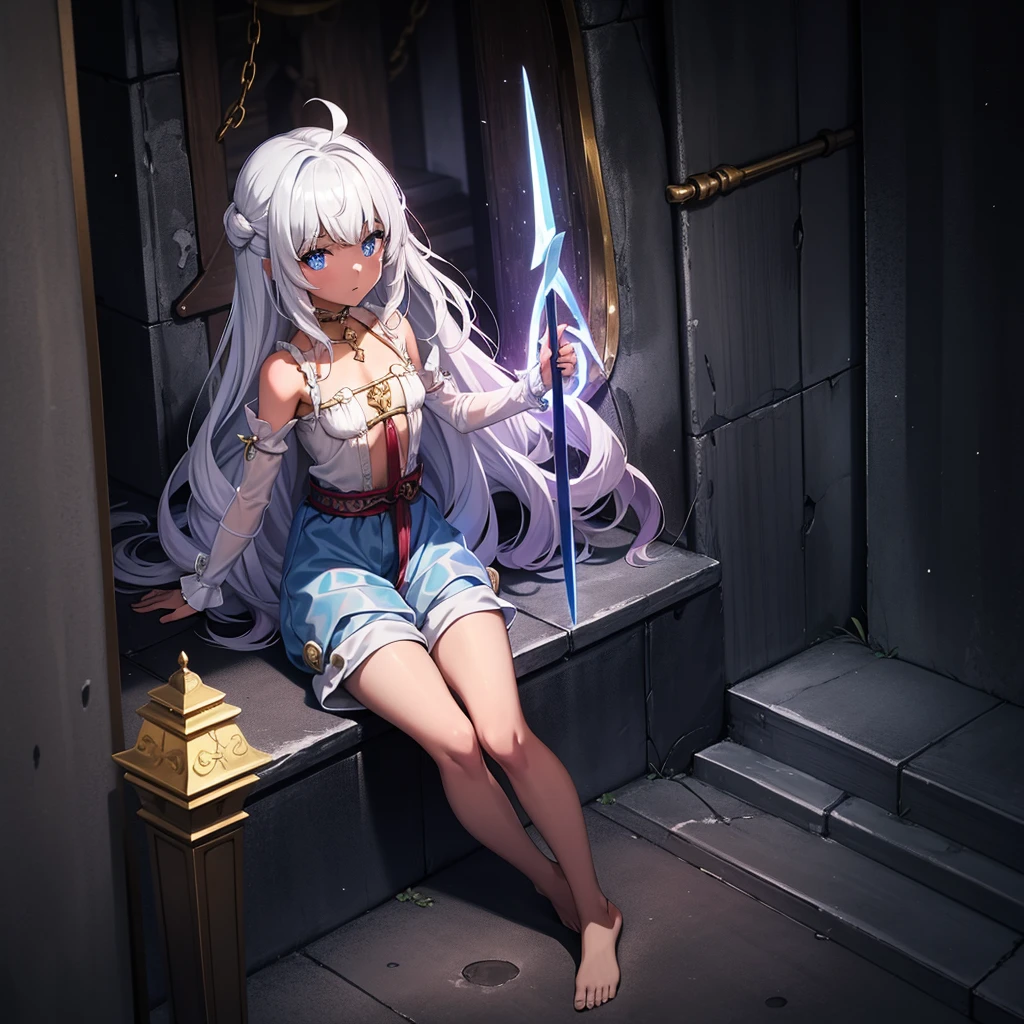 最high quality、high quality、Frugal cloth clothes、10Year-old girl adventurer、Climb the dungeon stairs、Shorts、Equipped with a dagger and a shield、Inside the dim labyrinth、The whole body is covered with a translucent material.