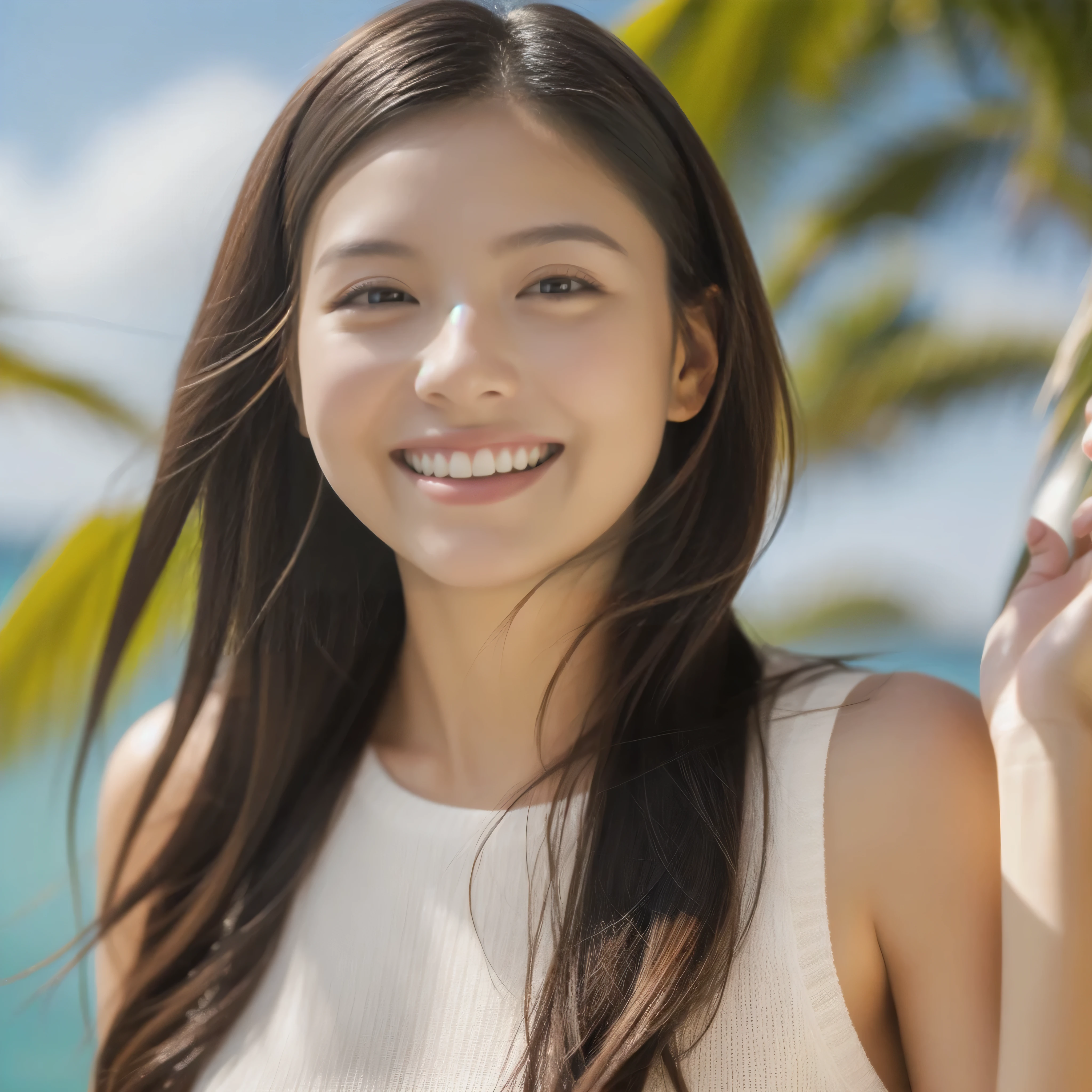 high resolution, long hair, fair skin, beach, see through, smiling