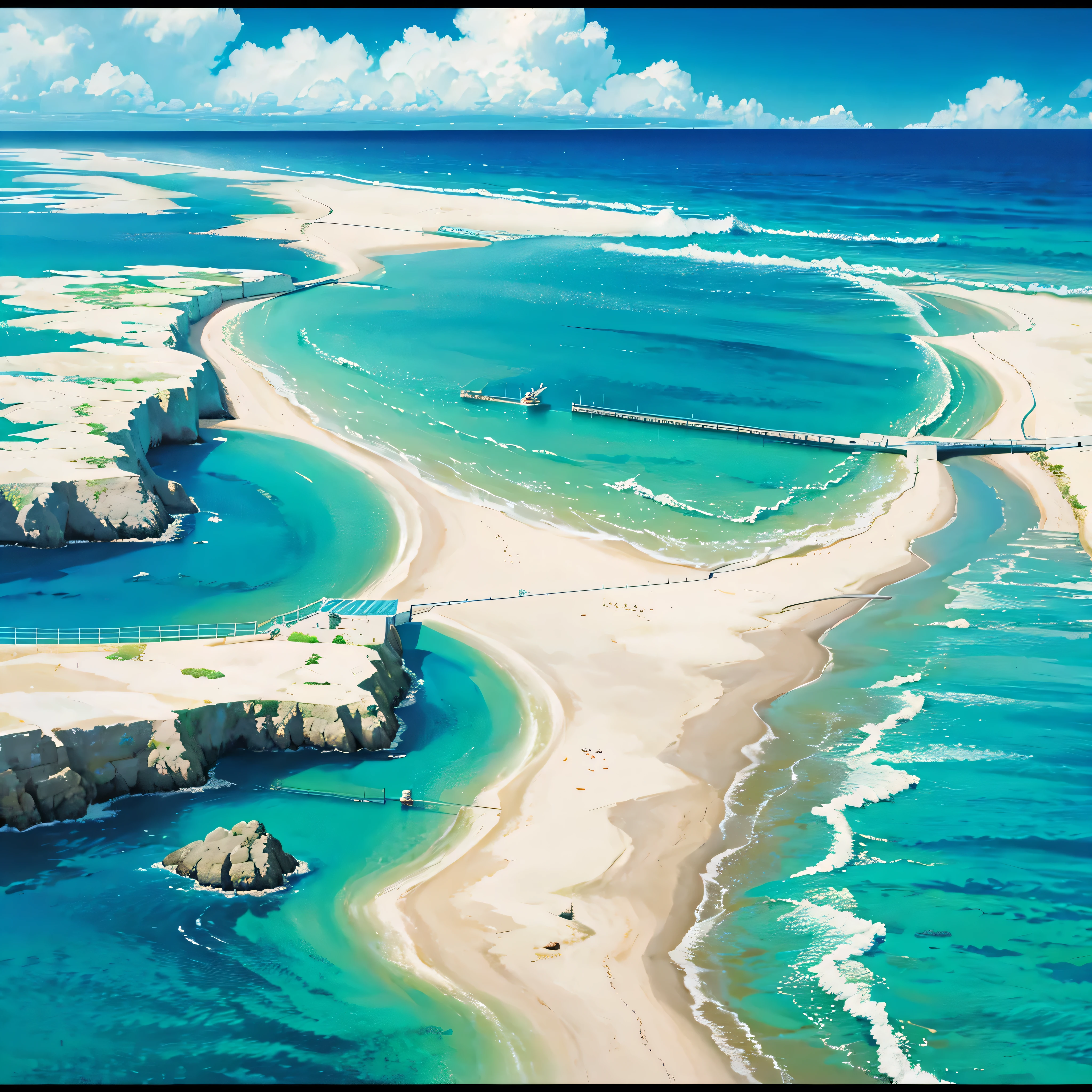 2d, praia com o mar azul, natureza, dia ensolarado, ceu limpo,