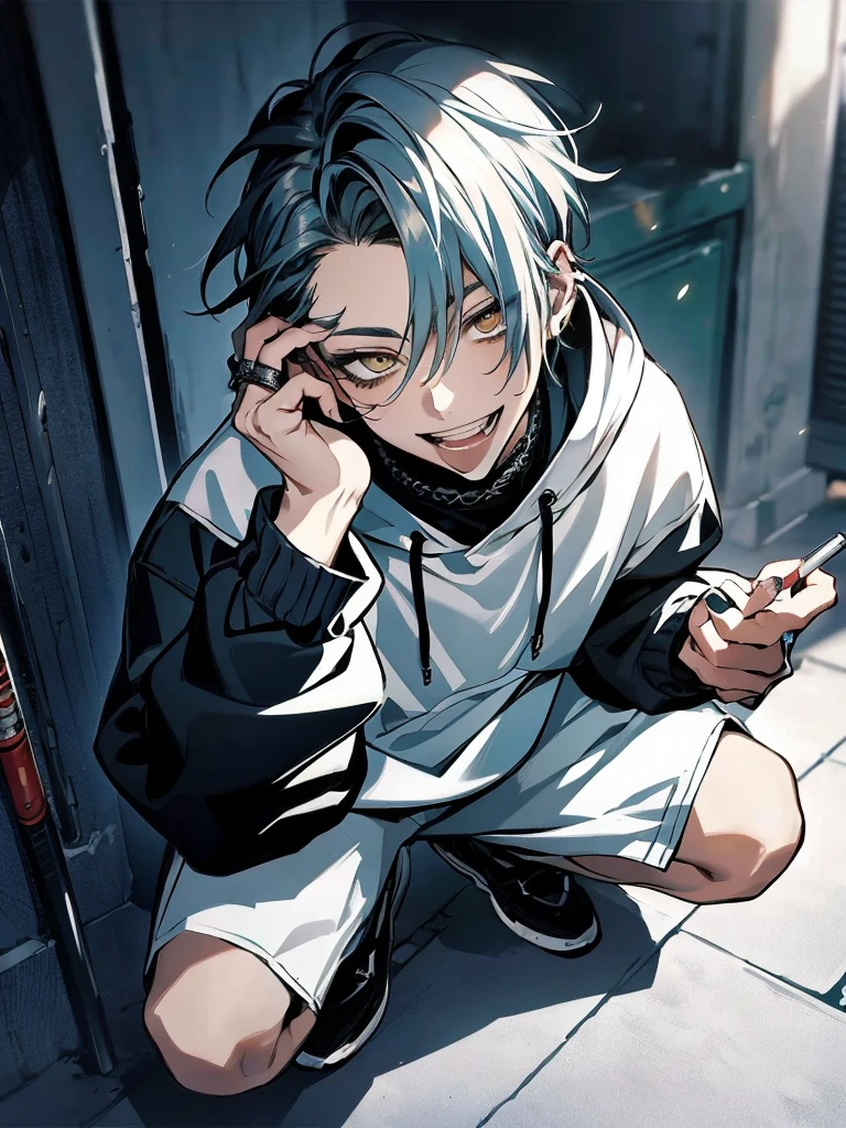 Masterpiece, absurdres, fine detail, HDR, solo, looking at viewer, smile, shirt, , 1boy, hair between eyes, upper body, male focus, FH , lightning mage, toned,