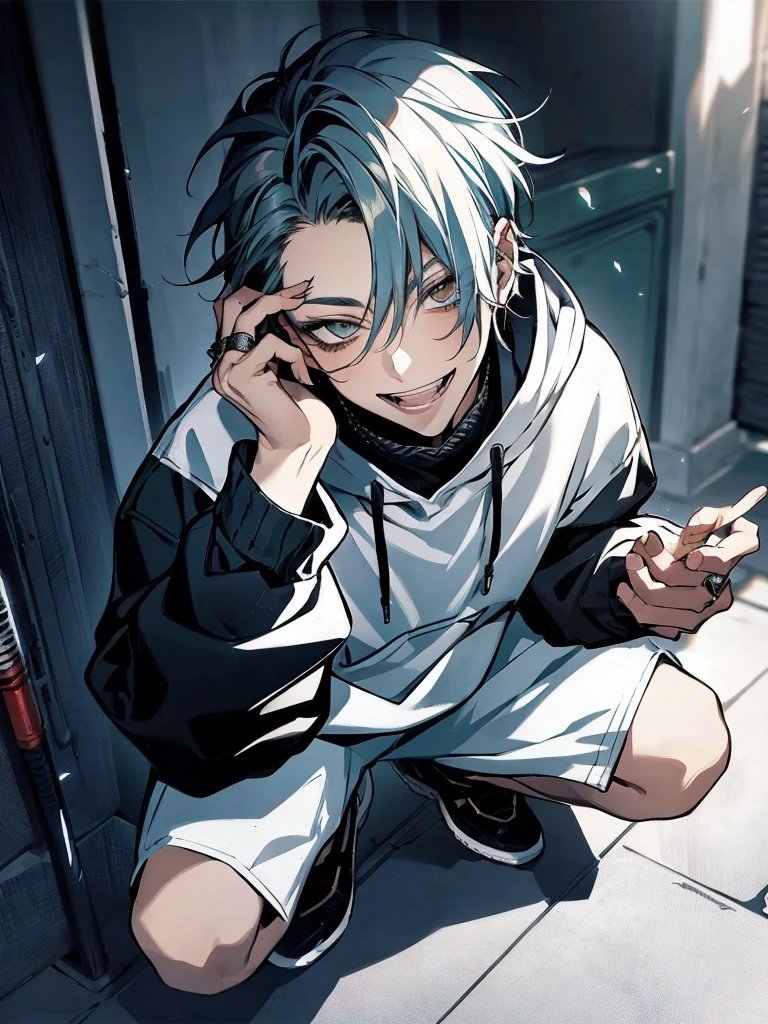 Masterpiece, absurdres, fine detail, HDR, solo, looking at viewer, smile, shirt, , 1boy, hair between eyes, upper body, male focus, FH , lightning mage, toned,