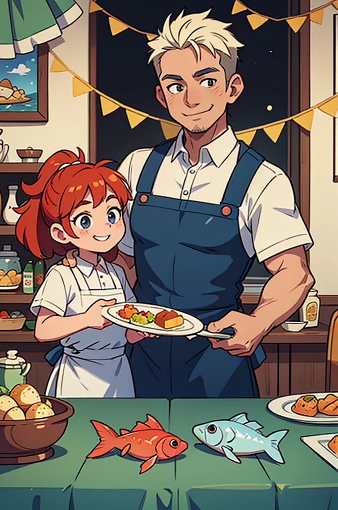 Many dishes on the table，The father on the right is smiling and wearing an apron, holding a basin of fish and placing it on the table.，The child on the left holds up a gift to his father