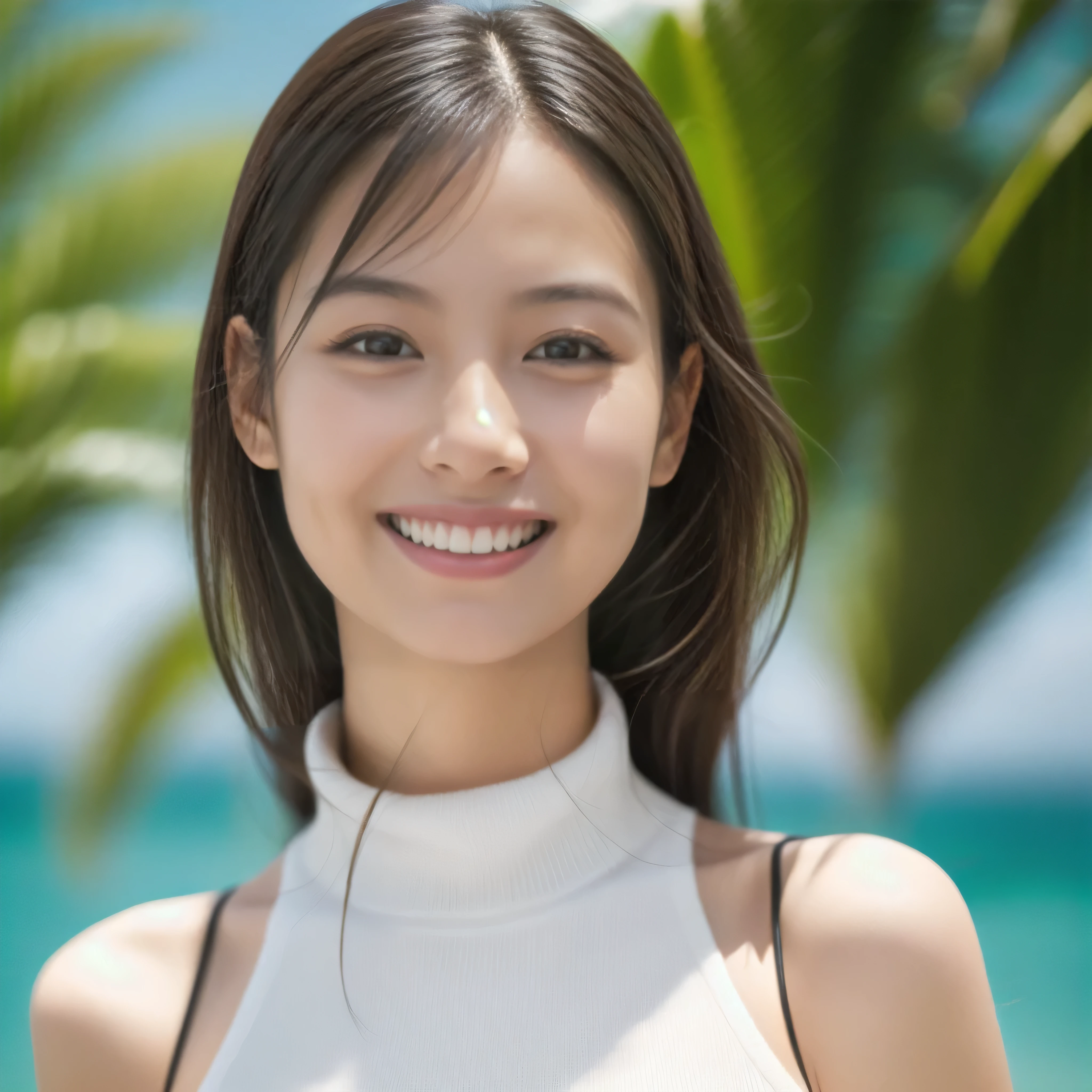 The face of a hostess、British high neck sleeveless knit、High quality、Ultra-realistic、fine、Smiling face、Slim perfect figure、Japanese beauty、 Perfect Eyes、Radiant Skin、Tropical sea background