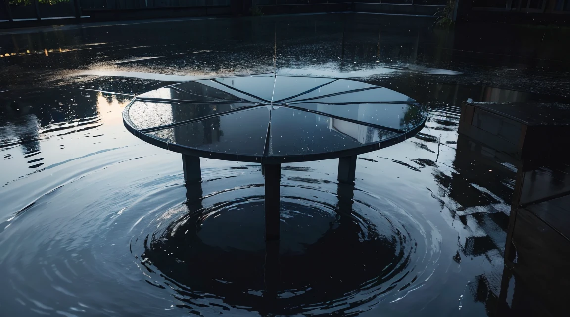 A lot of rain is falling on the mirror-like surface of the water, and it keeps raining all the time, (Photographic, Best Quality, High Quality, Highres:1.4), Detailed, Extremely Detailed, Ambient Soft Lighting, 4K, Background, Depth of Field, 
