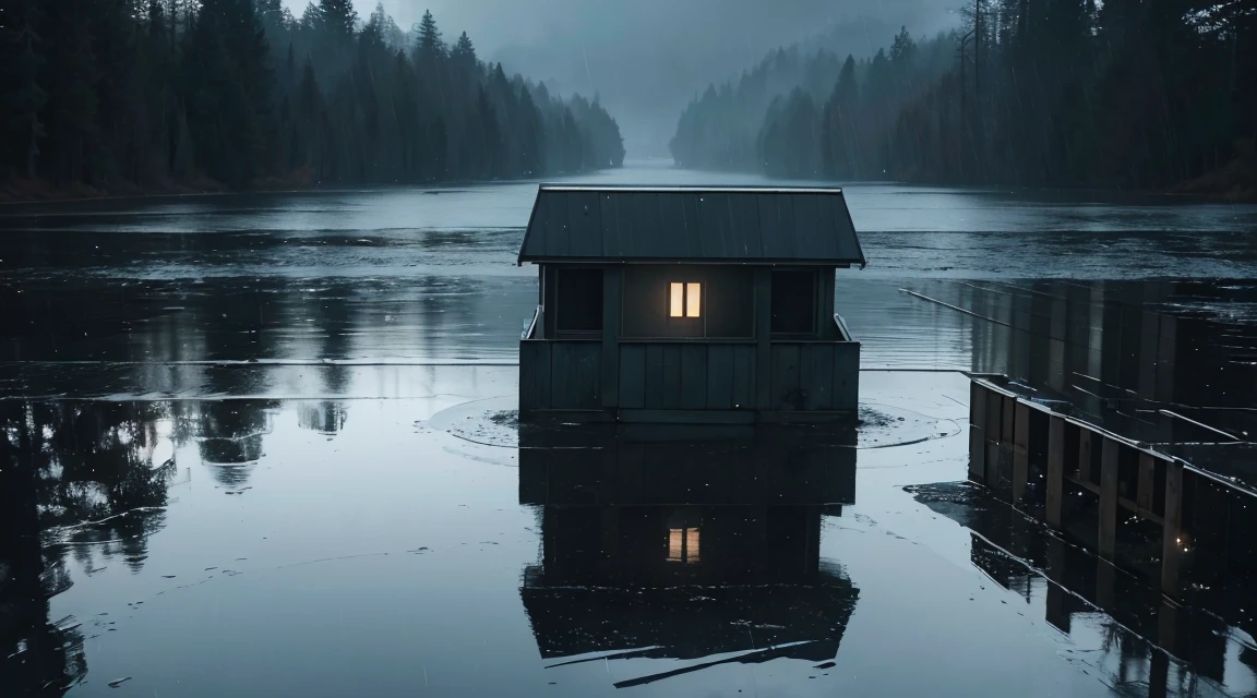 A lot of rain is falling on the mirror-like surface of the water, and it keeps raining all the time, (Photographic, Best Quality, High Quality, Highres:1.4), Detailed, Extremely Detailed, Ambient Soft Lighting, 4K, Background, Depth of Field,