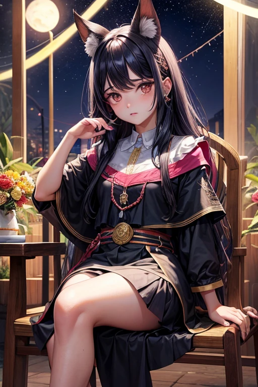 chicas, cabello rosado, ojo amarillo azul, oreja de lobo, anteojos, falda corta, traje escolar, pecho mediano, media, peinado de cola de caballo, tema nocturno, Parque, SIENTATE EN LA SILLA