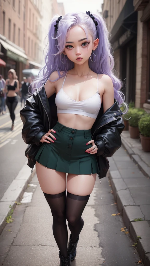 (Cute woman: 1.5), gothic girl, full body, (((small woman))), (((short stature))), (colored skin), (dark green skin), huge pointed ears, long hair and messy, low twin tails, puppy bows, pastel purple hair, big round eyes, heterochromia, bushy eyebrows, big realistic round nose, freckled nose (shiny fur), makeup, cat eyeliner, dark smoky eyeshadow , bright natural lips, spaghetti strap camisole top, off-the-shoulder lace-up hoodie, gothic plaid pleated skirt, ripped thigh-high stockings, Doc Martens platform, (((big chest))), (((slim waist) ))), perfect hips, apple butt, (masterpiece), (((best quality 8k,16k))) vibrant colors, (specular lighting), (dynamic shadows), bored expression, raised eyebrow, hands on hips , city street during daytime, elf girl, (((detailed uktra skin))), UHD, (focused), ((sharp)),