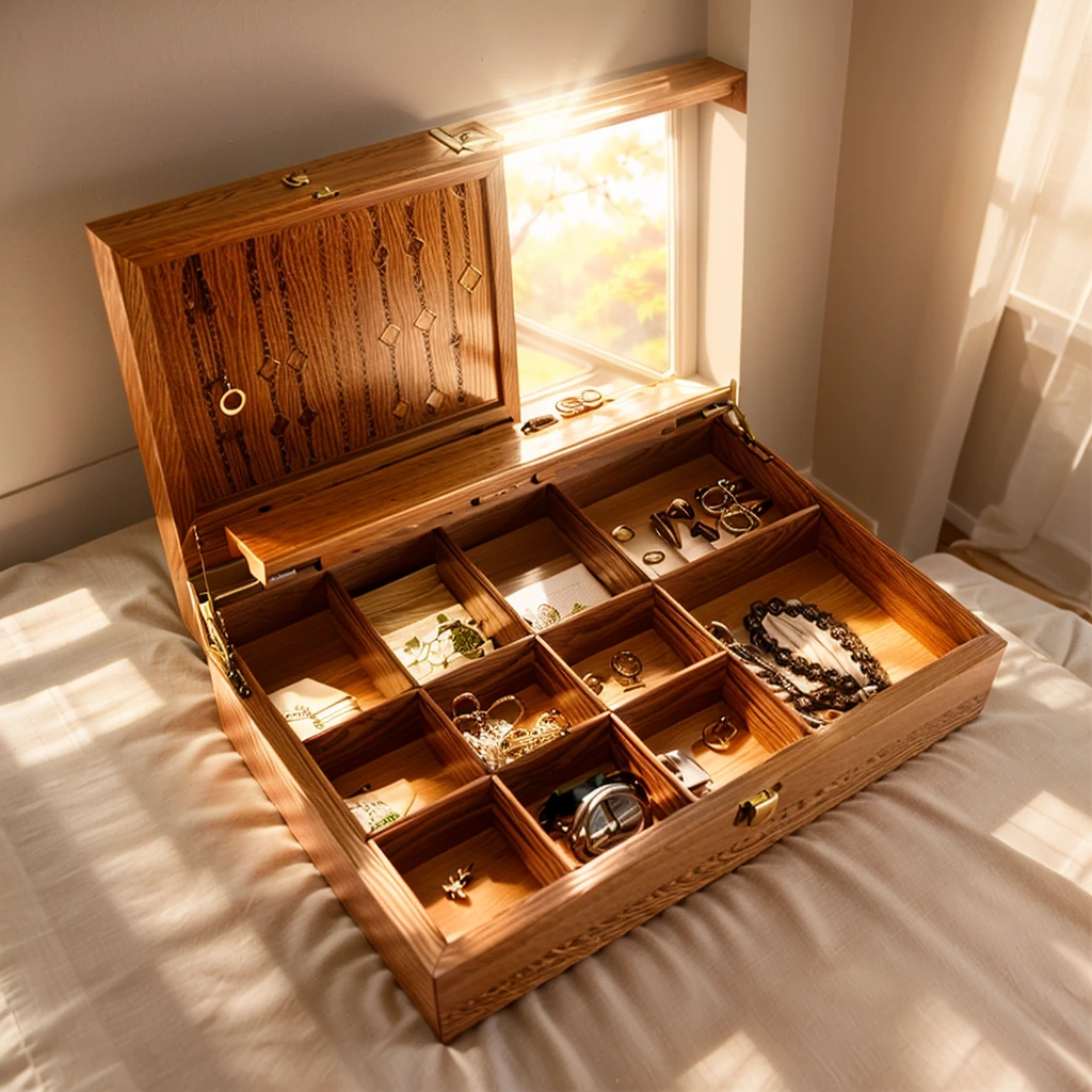 In this cozy room,A ray of sunlight shone through the half-drawn curtains on the table,Let the wood grain on the watch storage box shine with a faint luster。There was a calm and peaceful atmosphere in the air around them。There are several still lifes hanging on the walls of the room,It adds a touch of elegance to the space。And on the other side of the room,The half-open window lets in the breeze,The pages on the small desk by the window turned in the wind,This quiet scene gives a sense of tranquility and comfort。