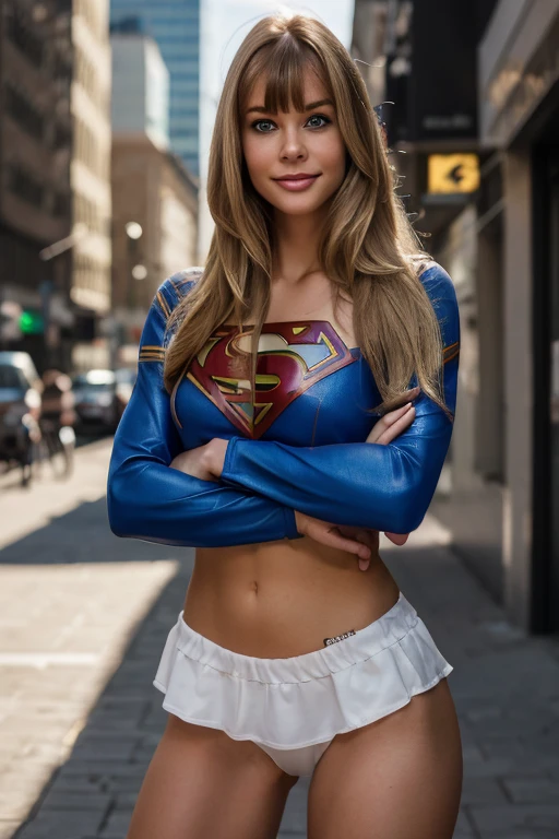 1 girl, (dressed as supergirl) beautiful supermodel, Realistic (blue eyes), (She is smiling), perfect face, split lips, (Best quality, 8k, Masterpiece: 1.3), perfect hands, clear focus: 1.2, perfect body beauty: 1.4, slim abdomen: 1.2, highly detailed face and skin texture, detailed eyes, (long blonde hair with bangs: 1.3) standing, dynamic pose, (in a city)
