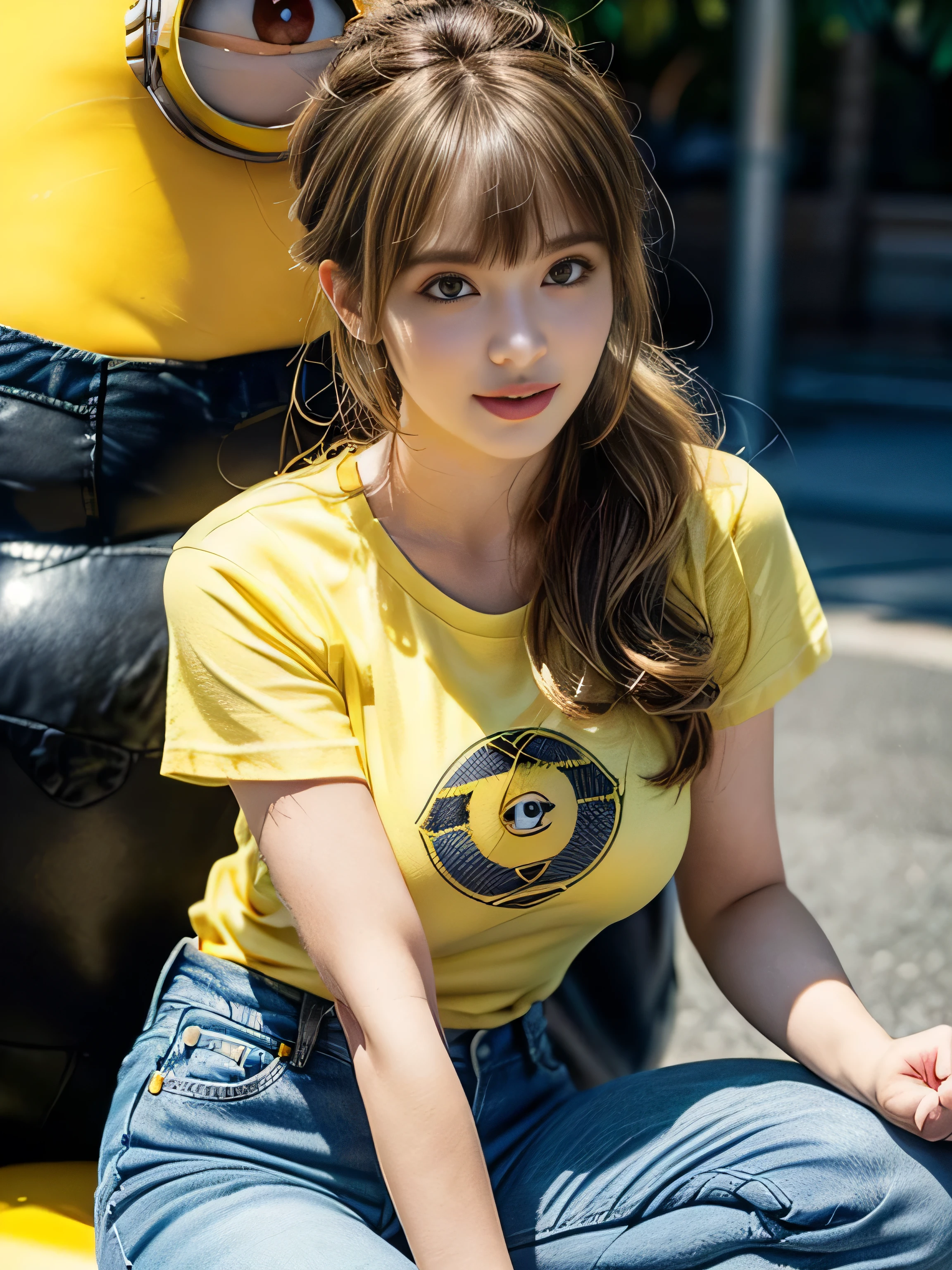 19 years old , (wearing a pure yellow t-shirt and jeans:1.3), big round breast, nipple protrusio, (Minion Park:1.4), ((updo hairstyle, Dark blonde hair, wavy hair, long hair, asymmetric bangs:1.2)), (photorealistic:1.2), (ultra realistic:1.3), (very detailed:1.1), ((masterpiece)), (Hand Details:1.4), (happy:1.3), (Universal Studios Japan:1.3), depth of field, first person view.