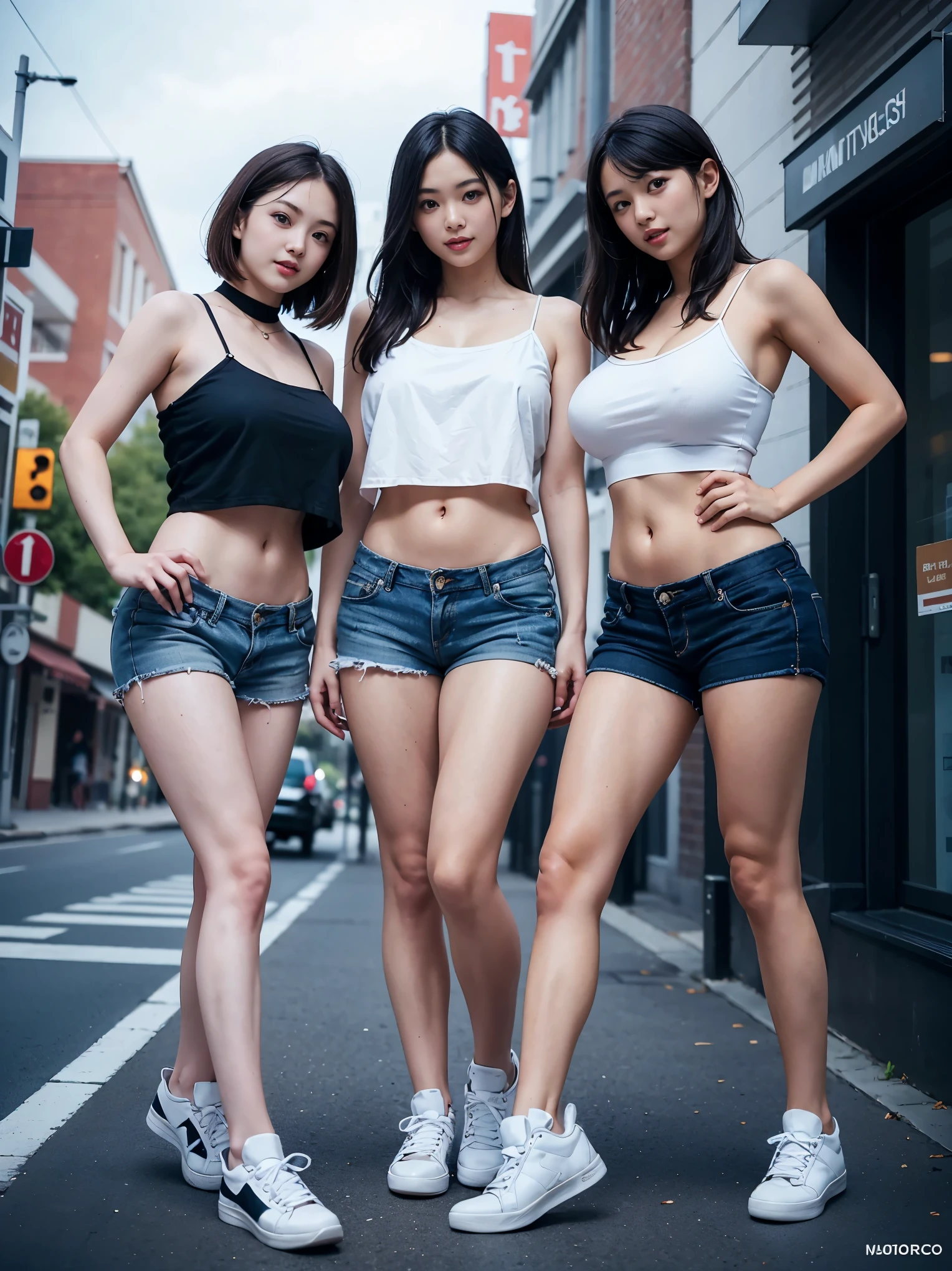 (Best Quality, Masterpiece, Photo realistic, Ultra Detailed, ultra high res, raw), (3 girls, group shot:1.3), pretty, Japanese, smile, bangs, double eyelids, (big breasts:1.3), (long hair| medium hair| short hair), (LowriseXL, LowwaistXL, groin), (cropped camisole), skinny jeans, navel, (sneaker, beautiful long legs, full body), main street, from below, (model posing, dynamic posing)