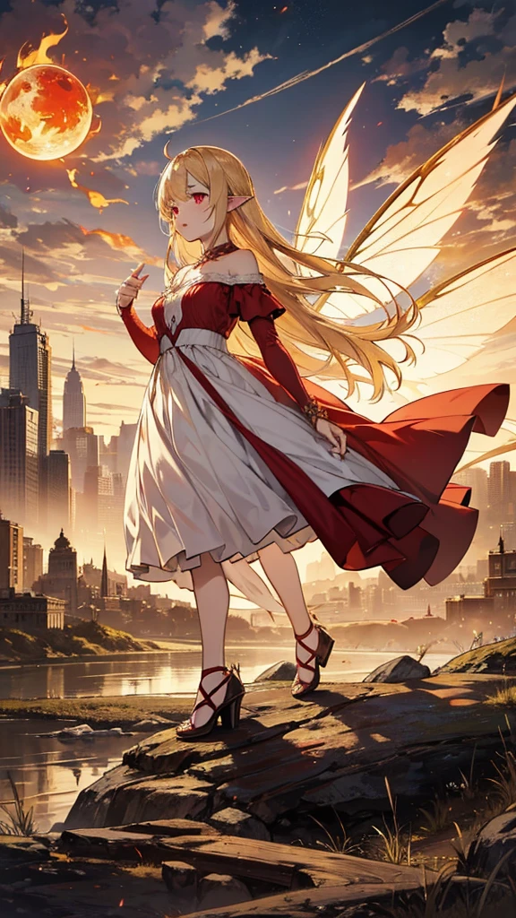 Fairy girl with wings and a fire orb in hand, red ring in finger, Classic Long Dress, Fairy Wings, Red eyes and Blonde Hair, Golden Hair, Serious face, detailed hands, magic, arcane powers, RPG Character, pointy ears, look serious, casting a spell, walking in nature, horizon behind, city, fire, 4k, full hd, detailed image, high quality image